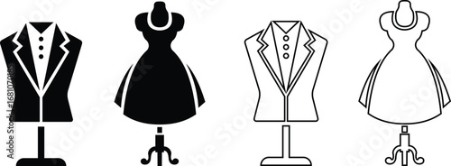 Black mannequin dress form icon set, tailoring dummy vector collection and fashion design tool group style, includes sewing torso, clothing display, garment stand