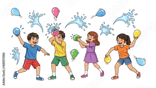 Splashing Fun in Summer: Playful kids engage in an exciting water balloon fight, a vibrant and joyous scene of summer fun. 
