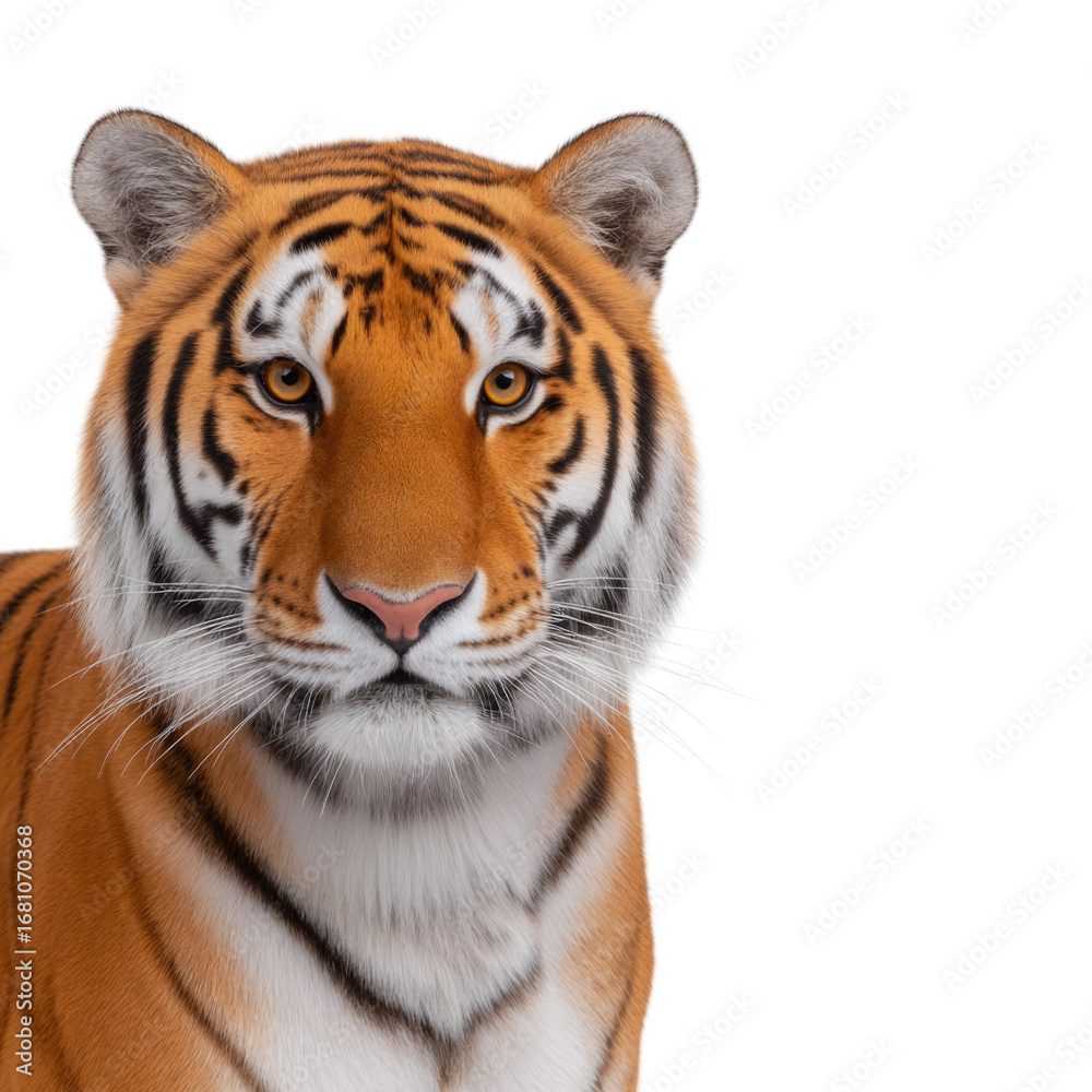 Fototapeta premium Majestic Tiger with Striking Orange Fur and Intense Gaze Against a White Background