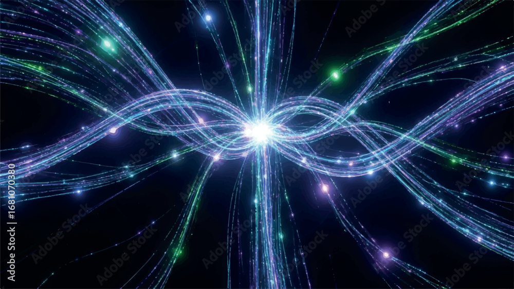 Obraz premium Abstract visualization of glowing blue and green light trails emanating from a bright central point against a dark background