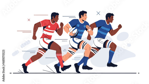 Rugby Players Sprint: A dynamic vector illustration captures three rugby players mid-sprint, embodying the raw energy and competitive spirit of the game.