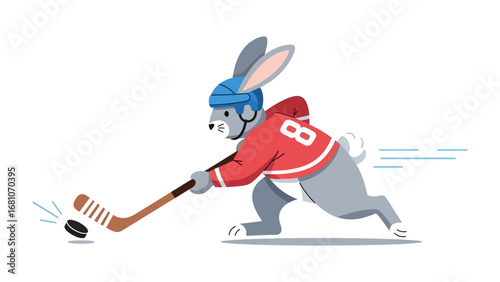 Rabbit Hockey Player Action: A determined rabbit, clad in hockey gear, expertly maneuvers the puck, symbolizing the joy of sportsmanship and playful competition.