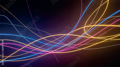 Flowing neon light trails in vibrant colors against a dark background, abstract motion graphic