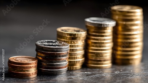 Wallpaper Mural Stacked coins show steady financial growth and increasing wealth on a textured gray surface closeup view. Torontodigital.ca
