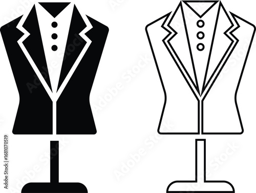 Black mannequin dress form icon set, tailoring dummy vector collection and fashion design tool group style, includes sewing torso, clothing display, garment stand