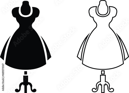 Black mannequin dress form icon set, tailoring dummy vector collection and fashion design tool group style, includes sewing torso, clothing display, garment stand