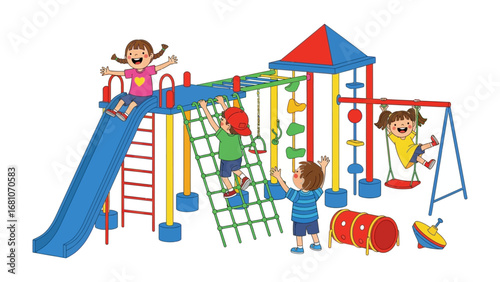 Joyful Playground Adventures: Playful children revel in a vibrant playground, climbing, sliding, and swinging amidst colorful structures, creating a scene of carefree joy and childhood energy.