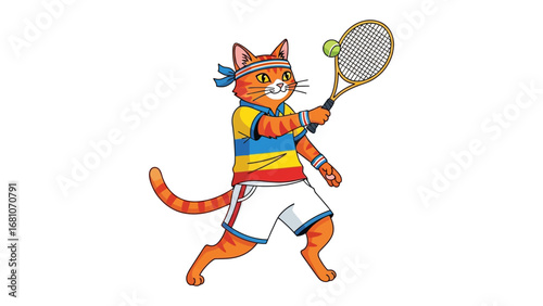 Cat on the Court: A spirited cartoon cat athlete is in action, poised to strike a tennis ball with focus and agility on the court