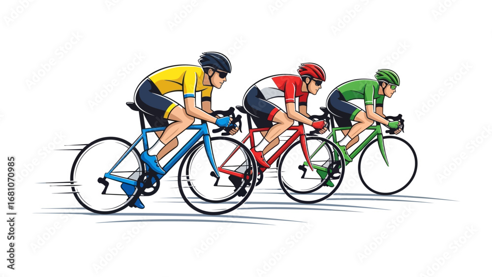 Fototapeta premium Cycling Sprint: A dynamic illustration captures the energy and competition of competitive cycling, showcasing athletes in vibrant kits and sleek bikes engaged in a thrilling race.