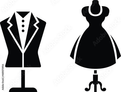 Black mannequin dress form icon set, tailoring dummy vector collection and fashion design tool group style, includes sewing torso, clothing display, garment stand