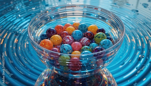 Colorful, patterned balls in a clear glass bowl, sitting on a surface with rippled, teal water.
