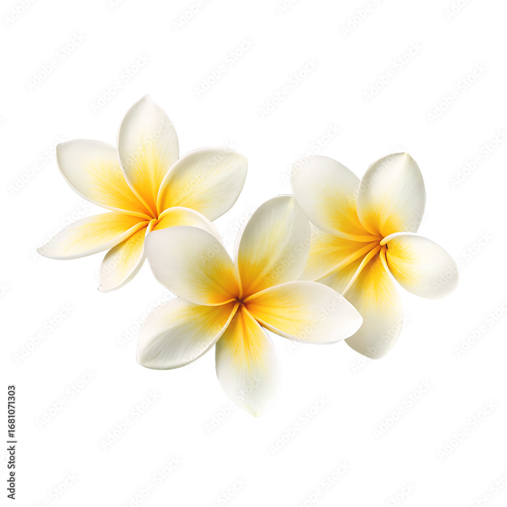 Naklejka premium Three beautiful white and yellow Plumeria blossoms bloom gracefully together. Each flower is carefully isolated for use on a transparent background.