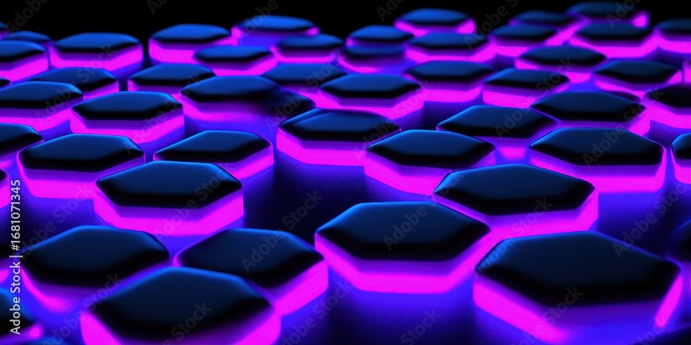 Fototapeta premium Abstract Hexagonal Grid Illuminated With Neon Purple And Blue Light background pattern