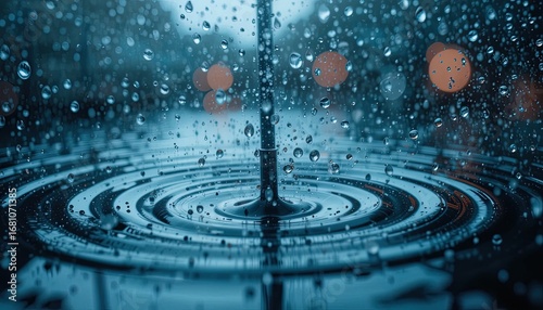 Water droplets create intricate circular patterns on a surface during a rainy night.
