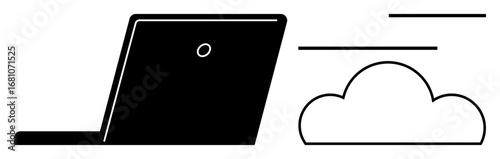 Minimalist design with a laptop and cloud, lines indicating data flow. Ideal for technology, cloud computing, storage, remote work, online services, innovation efficiency. Flat simple metaphor