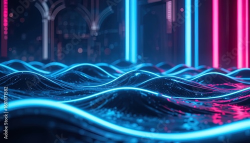Abstract, futuristic scene with vibrant neon blue and pink light waves, creating a dynamic and mesmerizing effect.