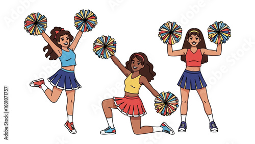 Cheerleader’s Energetic Performance: dynamic illustration showcasing cheerful female figure engaging in enthusiastic cheerleading maneuvers with colorful pom-poms.
