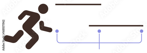 Running figure approaching horizontal barriers, symbolizing challenges and solutions. Ideal for perseverance, motivation, progress, determination, resilience, problem-solving success. Simple flat
