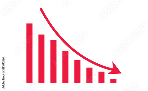 WebDramatic red declining bar graph with downward arrow showing economic downturn, perfect for finance reports, marketing analysis, and recession forecasting, capturing a sense of financial risk