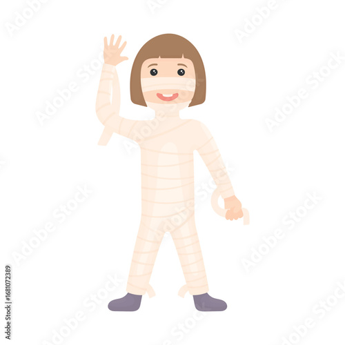 Girl in a mummy costume for Halloween. Mummy girl waving her hand. Vector illustration on a white background
