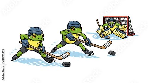 Frogs Hockey Game: A comical illustration of three lively frogs engaging in an ice hockey game, showcasing the fun of sportsmanship and friendly competition.