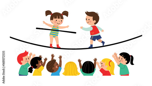 Balancing Act: Cheerful children engage in a playful game of balance, with the supporting friends cheering from below, all set against a clean backdrop. 