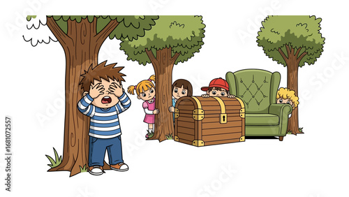 Hide and Seek Fun: A group of children gleefully play hide-and-seek, employing creative hiding spots in a whimsical illustration that evokes memories of childhood joy and playful discovery.