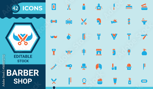 Barber shop solid icons set.Comb, Hair Dryer,barber pole, scissors, hair and more. vector illustration. Editable stroke.