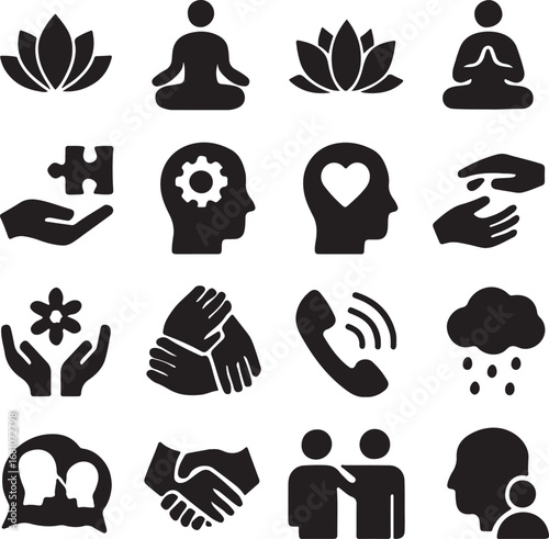 Diverse black silhouette icons symbolizing wellness relationships and support services health
