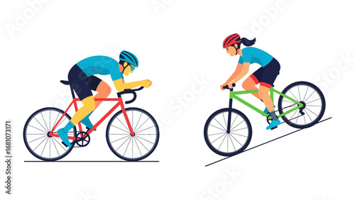 Cycling Duo in Action: Two cyclists, a man and a woman, demonstrate the thrill of cycling in a dynamic, illustratied display.