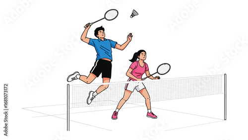Dynamic Duo in Badminton Match: A vibrant illustration captures two athletes engaged in an intense badminton rally, emphasizing the athleticism and competitive spirit of the sport.