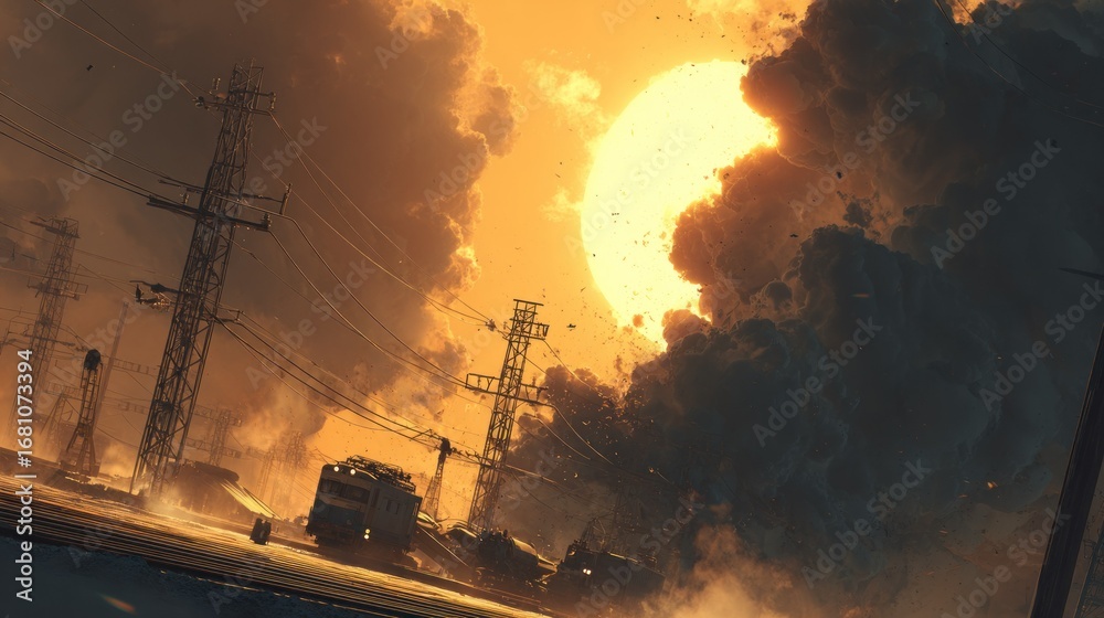 Fototapeta premium Industrial scene, golden sun, dramatic smoke