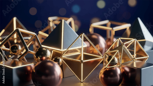 Luxurious 3d abstract composition featuring metallic gold geometric wireframe structures and spheres with bokeh background, conveying elegance and sophistication