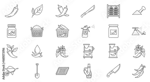 Chili Pepper Farming and Production Thin Line Icon Set.