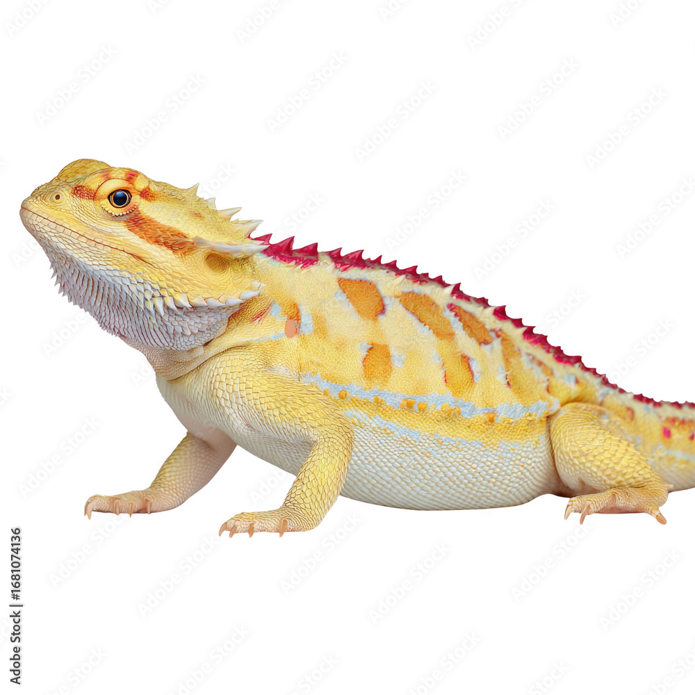 Obraz premium Bright Yellow Bearded Dragon on White Background with Distinct Patterns and Textures in a Studio Setting