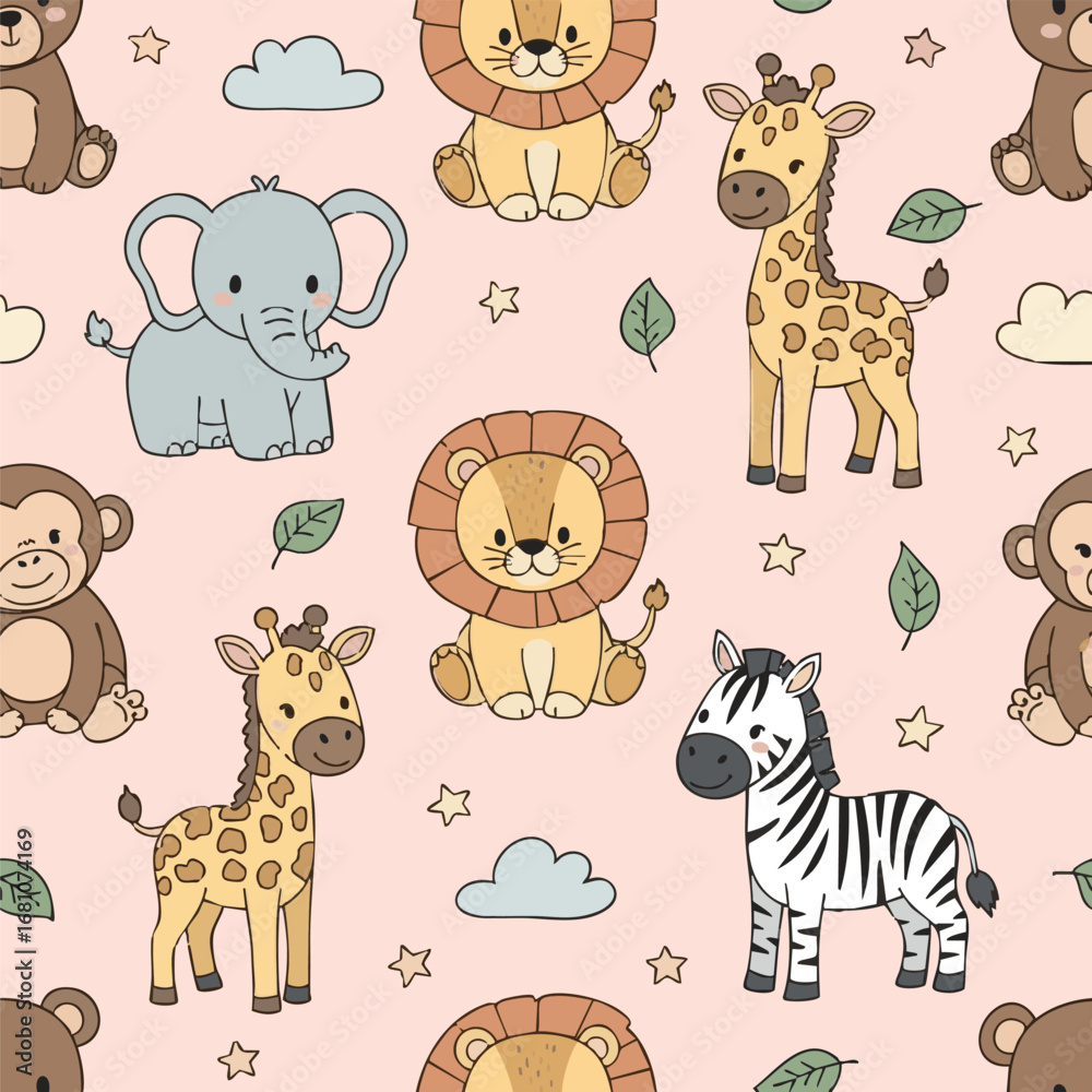 Fototapeta premium create need Baby hand drawn design for textile, posters, cards. Baby animals pattern. Fabric baby design.. Vector illustration with cute animals. Nursery baby pattern illustration pink background