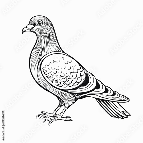 Pigeon bird simple black line art image, Black bold outline vector icon, Bird vector illustration