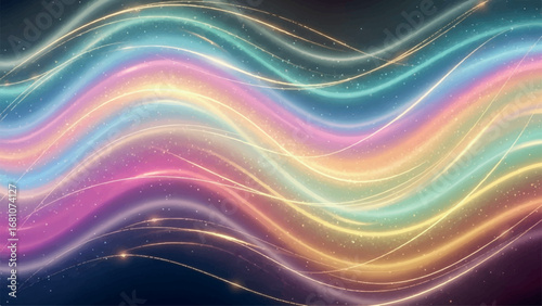 Flowing, luminous waves of rainbow colors with sparkling light trails and glitter on a dark background, symbolizing joy and celebration