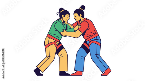 Mongolian Wrestling Duel: Two wrestlers, adorned in traditional attire, lock in an intense match, the dynamic composition capturing the energy and strategy of this ancient martial art.