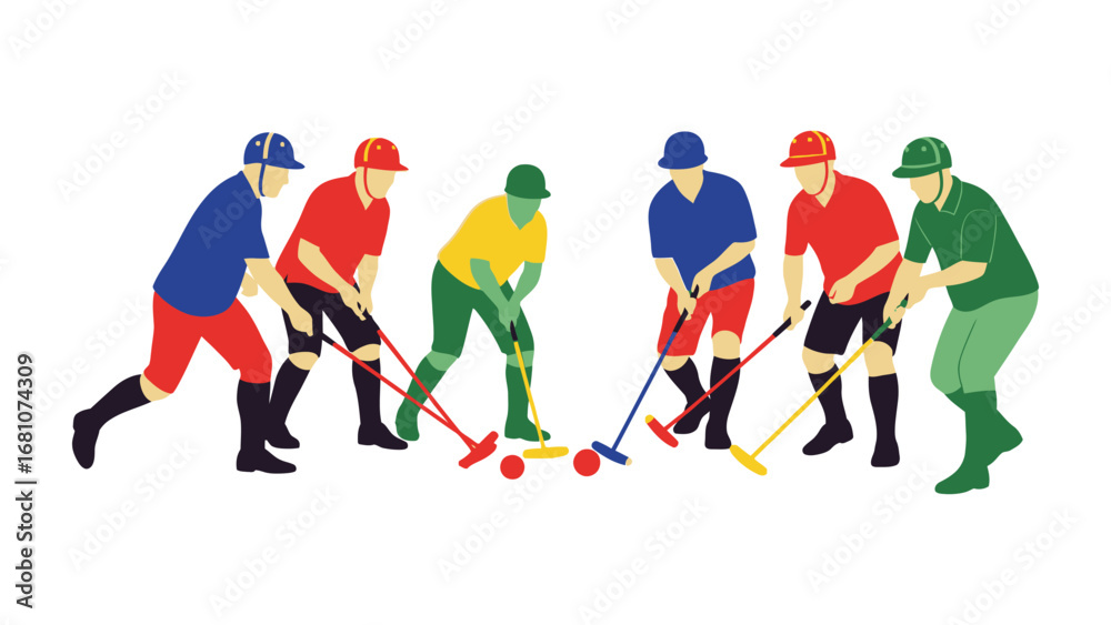 Obraz premium Polo Action Illustration: A dynamic illustration captures the intensity of a polo match. The players, rendered in a vivid, flat design, are poised mid-action. Their focused expressions.