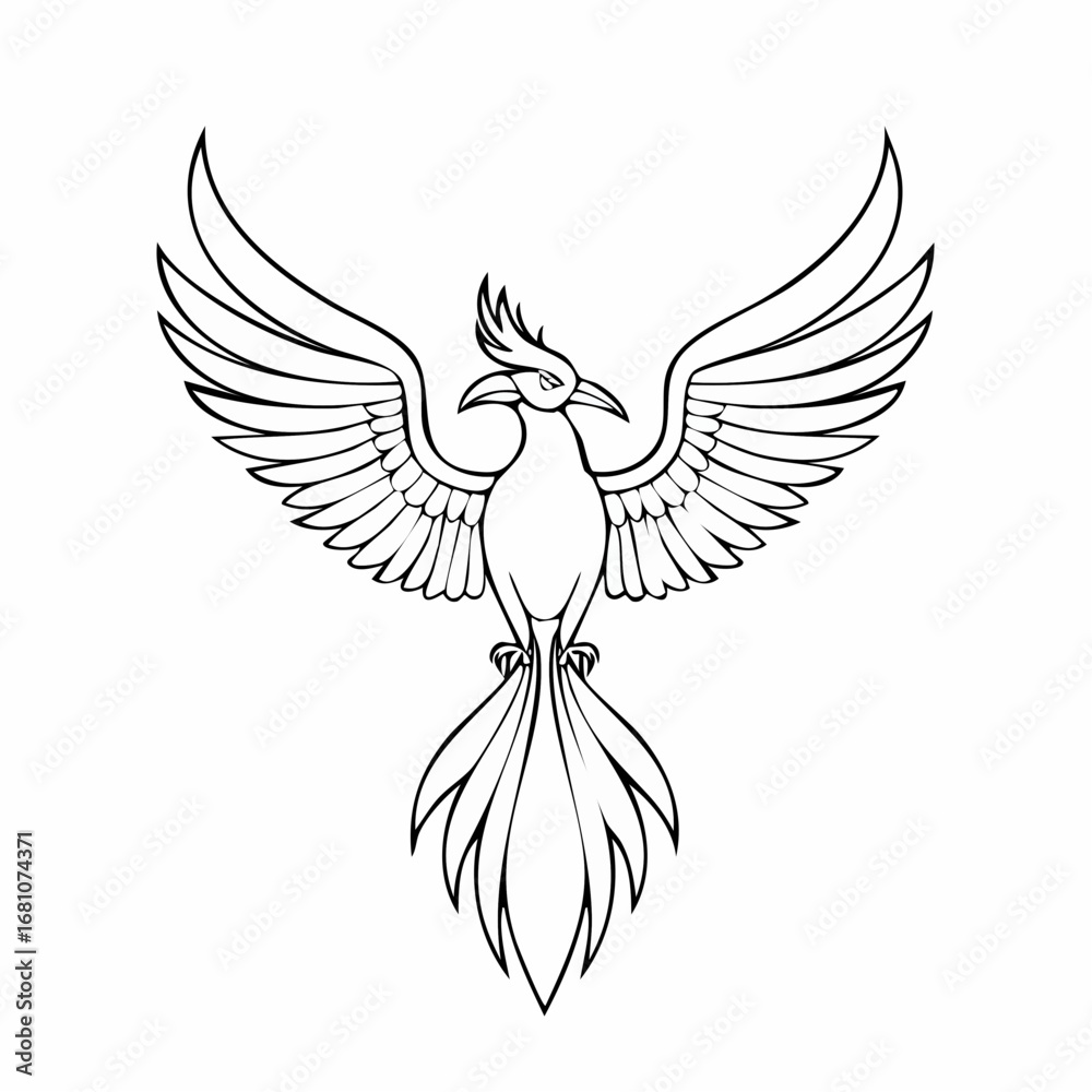 Obraz premium Phoenix bird simple black line art image, Black bold outline vector icon, Bird vector illustration