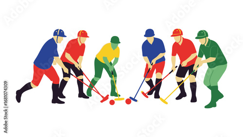 Polo Action Illustration: A dynamic illustration captures the intensity of a polo match. The players, rendered in a vivid, flat design, are poised mid-action. Their focused expressions.