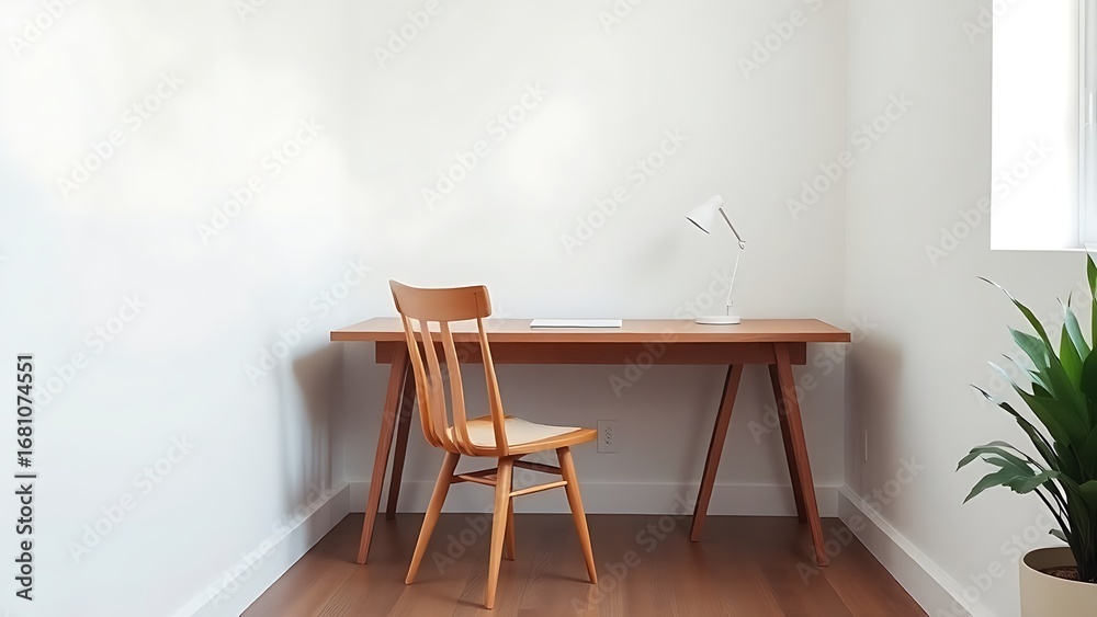 Fototapeta premium A clean and simple office corner featuring a wooden desk and chair under soft natural light.