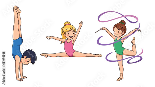 Gymnastics: Gymnasts Perform Graceful Routines in this vivid illustration, showcasing dynamic poses, skill, and athleticism