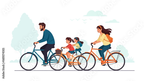 Family Cycling Adventure: A joyful family embarks on a scenic cycling journey, their bicycles traversing a picturesque park.