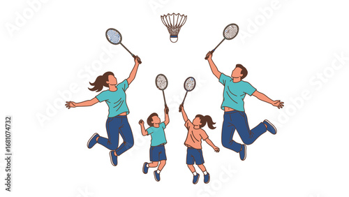 Family's Badminton Bliss: In a vibrant illustration, a family unites in a joyous badminton rally. Showcasing the fun of exercise and togetherness in a spirited game of badminton.