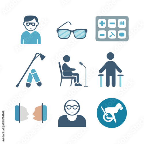 Disabled person set icon. Crutches, braille, wheelchair, cane, hearing aid, prosthetic, guide dog, glasses, hospital bed, communication, support, accessibility, healthcare, therapy, disability. See Le