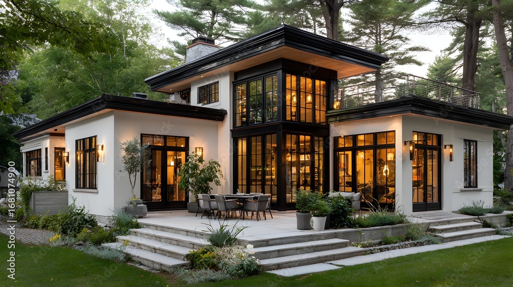 Fototapeta premium Contemporary home exterior boasts expansive and manicured landscaping on a sunny afternoon setting.
