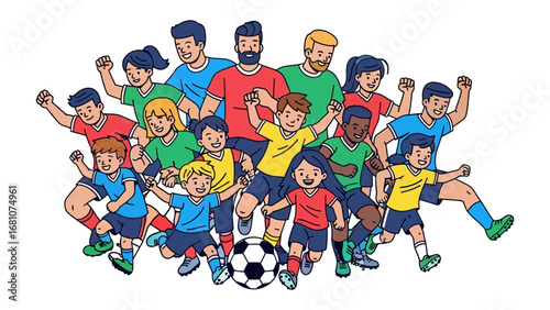 Soccer team: A dynamic illustration captures the pure joy of a diverse soccer team. Energetic players, both young and old, leap and celebrate around the ball.