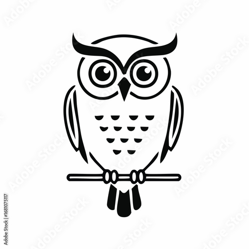 owl bird simple black line art image, Black bold outline vector icon, Bird vector illustration